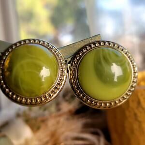 Green Cabochon Gold Clip-On Earrings